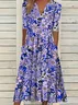 Women Floral Short Sleeve Summer Printing Dress V Neck Daily Casual Maxi Fit & Flare Dress H-Line Dress