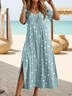 Women Striped Short Sleeve Summer Printing Dress Crew Neck Daily Casual Maxi Fit & Flare Dress A-Line Dress