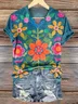 Women Floral Short Sleeve Tee T-shirt V Neck Casual Summer Top