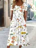 Women Floral Short Sleeve Summer Printing Dress Crew Neck Daily Casual Maxi Shift Dress H-Line Dress