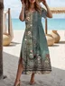 Women Floral Short Sleeve Summer Printing Dress Crew Neck Daily Casual Maxi Fit & Flare Dress A-Line Dress