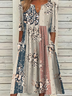 Women Floral Short Sleeve Summer Printing Dress V Neck Daily Casual Maxi Fit & Flare Dress H-Line Dress