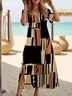Women Geometric Short Sleeve Summer Printing Dress Crew Neck Daily Casual Maxi Fit & Flare Dress A-Line Dress