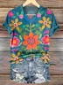 Women Floral Short Sleeve Tee T-shirt V Neck Printing Casual Summer Graphic Tee Top