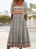 Women Floral Short Sleeve Summer Printing Dress Crew Neck Daily Casual Maxi Shift Dress H-Line Dress