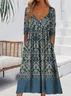 Women Floral Half Sleeve Summer Printing Dress Half Open Collar Daily Casual Maxi A-Line Dress