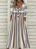 Women Striped Half Sleeve Summer Printing Dress Half Open Collar Daily Casual Maxi A-Line Dress