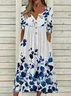 Women Floral Half Sleeve Summer Printing Dress Half Open Collar Daily Casual Maxi A-Line Dress