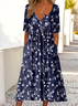 Women Floral Half Sleeve Summer Printing Dress Half Open Collar Daily Casual Maxi A-Line Dress