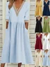 Women Plain Half Sleeve Summer Split Joint Dress V Neck Daily Casual Maxi Fit & Flare Dress A-Line Dress