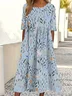Women Floral Half Sleeve Summer Printing Dress Crew Neck Daily Casual Maxi A-Line Dress