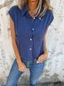 Women Plain Short Sleeve Shirt Summer Buckle Shawl Collar Daily Casual Top