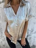 Women Plain Short Sleeve Shirt Summer Metal Shawl Collar Daily Casual Top