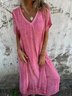 Women Plain Short Sleeve Summer Split Joint Dress V Neck Daily Vintage Maxi Tank A-Line Dress