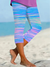 Women Striped Capris Elastic Waist Pants Casual Summer Trousers