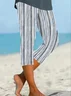 Women Striped Capris Elastic Waist Pants Casual Summer Trousers