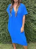 Women Plain Half Sleeve Summer Slit Dress V Neck Daily Casual Maxi Tank A-Line Dress
