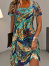Women Leaf Short Sleeve Summer Printing Dress Crew Neck Daily Casual Mini Tunic H-Line Dress