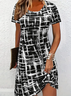 Women Abstract Plaid Short Sleeve Summer Printing Dress Crew Neck Daily Casual Mini Tunic H-Line Dress