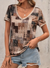 Women Geometric Short Sleeve Tee T-shirt V Neck Printing Casual Summer Graphic Tee Top