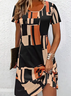 Women Geometric Short Sleeve Summer Printing Dress Crew Neck Daily Casual Mini Tunic H-Line Dress