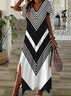 Women Geometric Short Sleeve Summer Printing Dress V Neck Daily Casual Maxi X-Line Dress