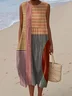 Women Striped Sleeveless Summer Printing Dress Crew Neck Daily Casual Maxi Tank H-Line Dress
