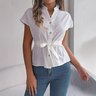 Women Plain Short Sleeve Shirt Summer Lace-up V Neck Daily Casual Top