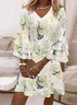 Women Floral Half Sleeve Summer Printing Dress V Neck Daily Casual Maxi H-Line Dress