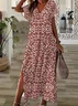 Women Floral Short Sleeve Summer Printing Dress V Neck Daily Casual Maxi X-Line Dress