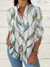 Women Leaf Long Sleeve Shirt Spring/Fall Printing Stand Collar Daily Casual Top