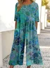 Women Floral Crew Neck Short Sleeve Casual Summer Jumpsuit