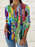 Women Geometric Long Sleeve Shirt Spring/Fall Printing Stand Collar Daily Casual Top
