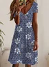 Women Floral Short Sleeve Summer Printing Dress V Neck Daily Casual Midi Fit & Flare Dress A-Line Dress