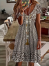 Women Floral Short Sleeve Summer Printing Dress V Neck Daily Casual Midi Fit & Flare Dress A-Line Dress