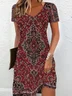 Women Floral Short Sleeve Summer Printing Dress V Neck Daily Casual Midi Fit & Flare Dress A-Line Dress