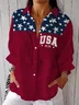 Women Independence Day (Flag) Three Quarter Sleeve Shirt Spring/Fall Printing Shirt Collar Daily Casual Top