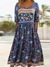 Women Floral Half Sleeve Summer Printing Dress Crew Neck Daily Casual Maxi A-Line Dress