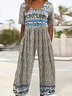 Women Floral V Neck Half Sleeve Casual Summer Jumpsuit