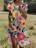 Women Floral Short Sleeve Summer Printing Dress Crew Neck Daily Casual Mini Tunic H-Line Dress