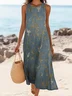 Women Floral Sleeveless Summer Printing Dress Crew Neck Daily Casual Maxi Tank H-Line Dress