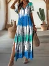 Women Abstract Short Sleeve Summer Printing Dress V Neck Daily Casual Maxi X-Line Dress