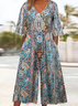 Women Floral V Neck Half Sleeve Casual Summer Jumpsuit