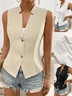 Women Sleeveless Tank Top Camisole Summer Plain Buckle Stand Collar Daily Simple Top