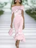 Women Floral Cap Sleeve Summer Printing Dress Cold Shoulder Daily Vintage Maxi H-Line Dress