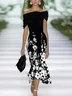 Women Floral Cap Sleeve Summer Printing Dress Cold Shoulder Daily Vintage Maxi H-Line Dress