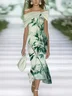 Women Floral Cap Sleeve Summer Printing Dress Cold Shoulder Daily Vintage Maxi H-Line Dress