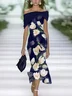 Women Floral Cap Sleeve Summer Printing Dress Cold Shoulder Daily Vintage Maxi H-Line Dress