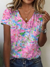 Women Floral Short Sleeve Tee T-shirt V Neck Printing Casual Summer Graphic Tee Top