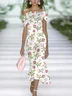 Women Floral Cap Sleeve Summer Printing Dress Cold Shoulder Daily Vintage Maxi H-Line Dress